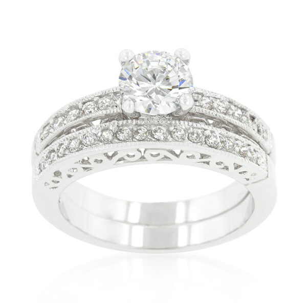 Round cubic zirconia filigree bridal set in prongs, rhodium plated over lead free alloy (brass).