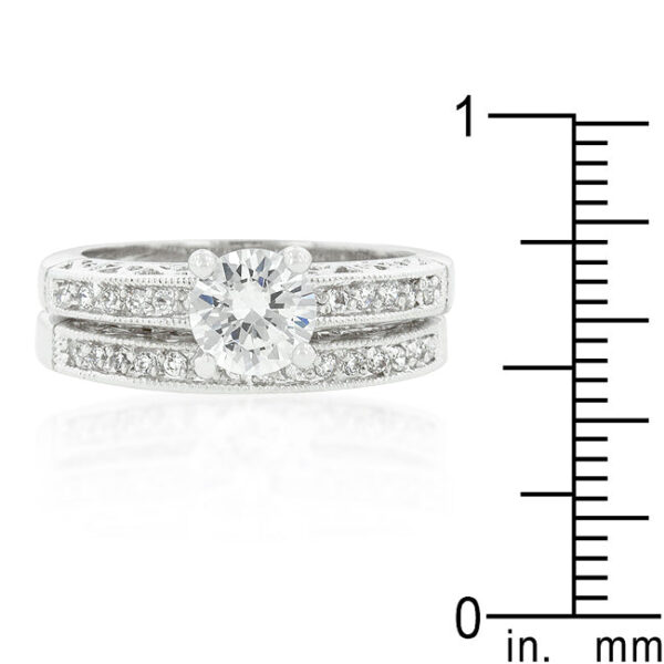 Filigree bridal ring set with 1.75 ct total stone weight, rhodium plated over lead free alloy (brass).