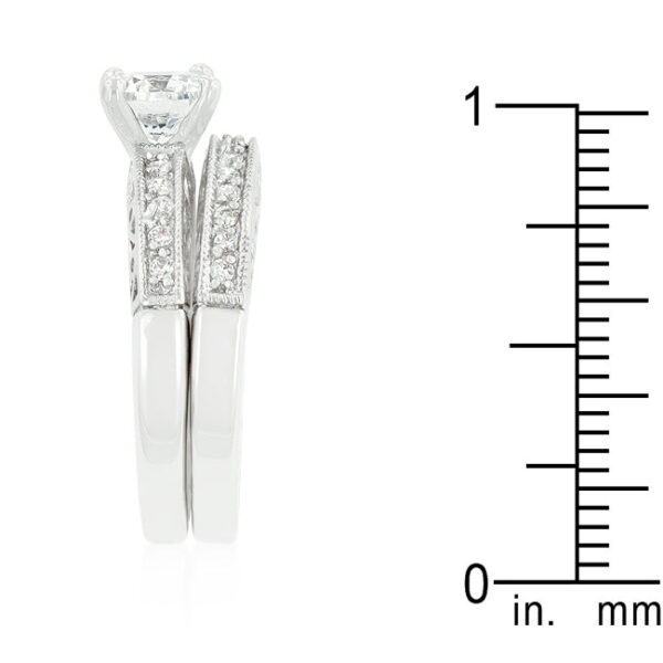 Bridal engagement set with round cubic zirconia in prongs, rhodium plated over lead free alloy (brass).