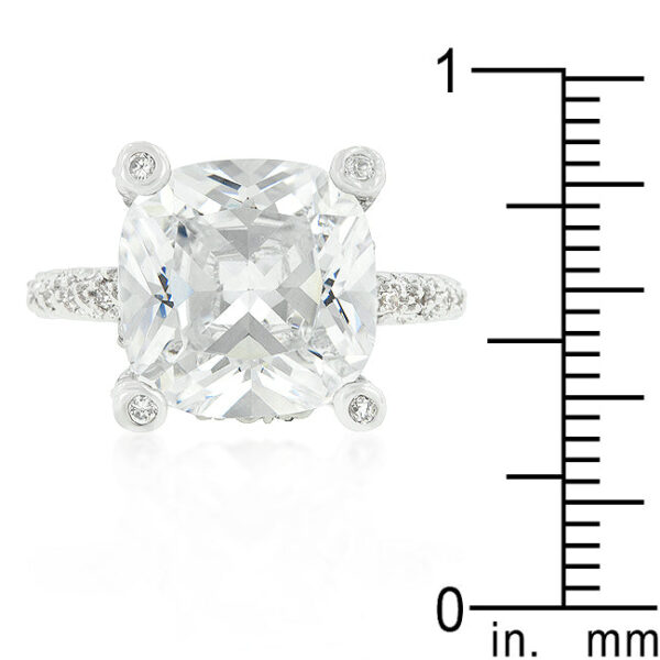 Bridal Cushion cubic zirconia ring with 12 Mm stone size, prongs, and rhodium plated over lead free alloy (brass)