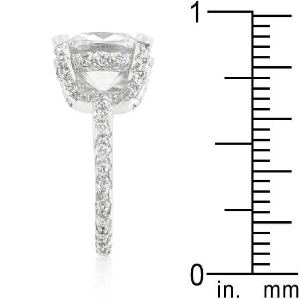 Engagement ring with Cushion cubic zirconia in prongs, 7.2 ct total stone weight, and rhodium plated over lead free alloy (brass)