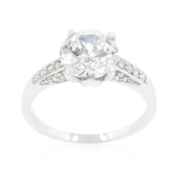 Round cubic zirconia prong-set engagement ring in rhodium plated over lead free alloy (brass), with 3.88 ct total stone weight.