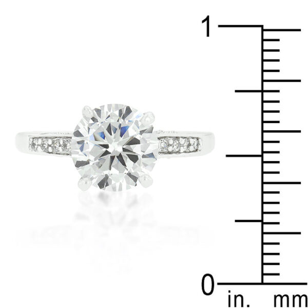 Contemporary bridal ring with an 8.5 Mm round cubic zirconia stone in rhodium plated over lead free alloy (brass).
