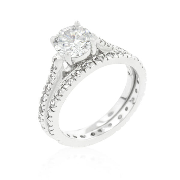 Round genuine cubic zirconia engagement ring set in prongs, rhodium plated over lead free alloy (brass).