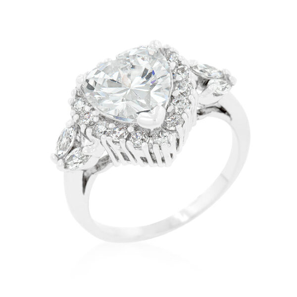 The ring with heart-cut cubic zirconia in prongs, rhodium plated over lead free alloy (brass).