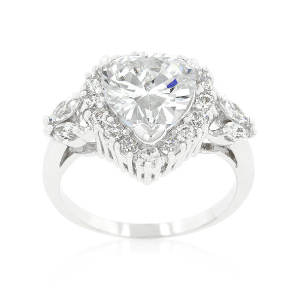 Heart-cut cubic zirconia halo ring in prongs, rhodium plated over lead free alloy (brass).