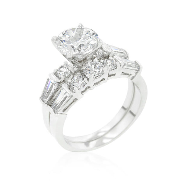 Bridal ring set in rhodium plated over lead free alloy (brass) with round cubic zirconia in prongs