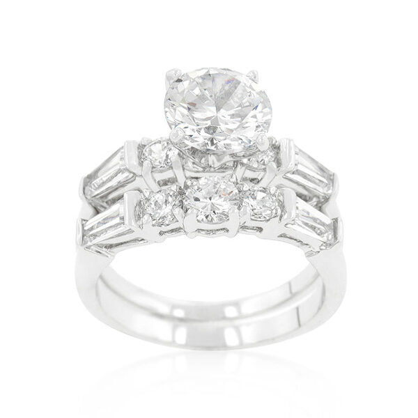 Round cubic zirconia bridal engagement set in rhodium plated over lead free alloy (brass)