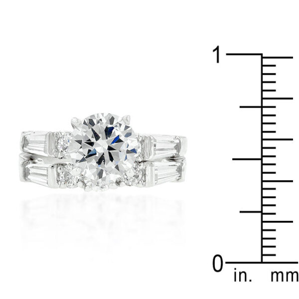 Prong-set cubic zirconia wedding set with rhodium plated over lead free alloy (brass)