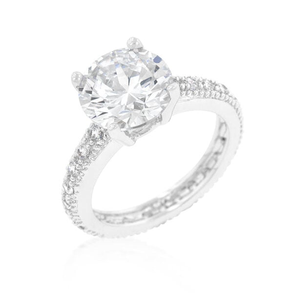 Micro-pave engagement ring with round cubic zirconia in a pave setting and rhodium plated over lead free alloy (brass).