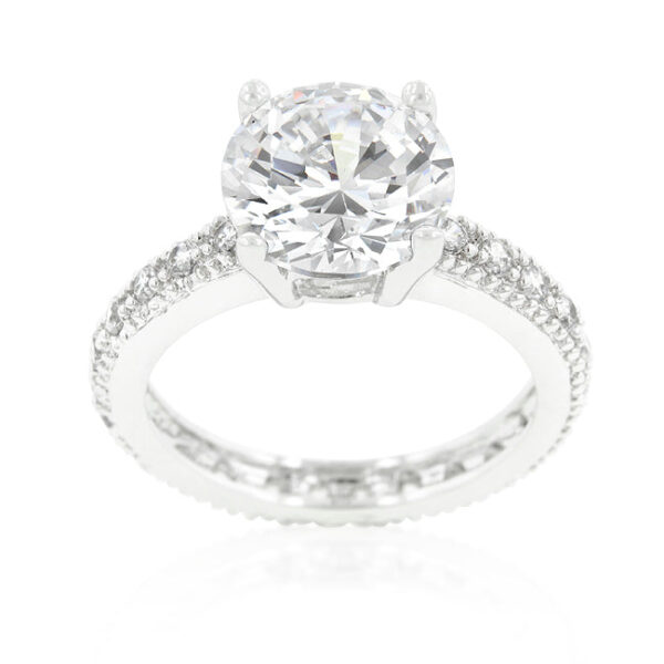 Round genuine cubic zirconia micro-pave ring, rhodium plated over lead free alloy (brass), with 4.27 ct total stone weight.
