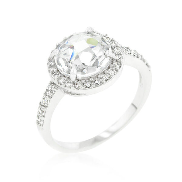 Faceted halo engagement ring with round genuine cubic zirconia in prongs and rhodium plated over lead free alloy (brass).