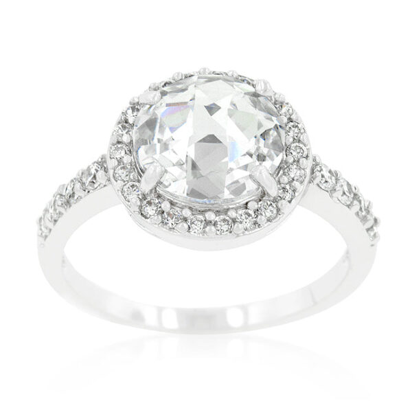 Halo style bridal ring with genuine round cubic zirconia in prongs, rhodium plated over lead free alloy (brass).