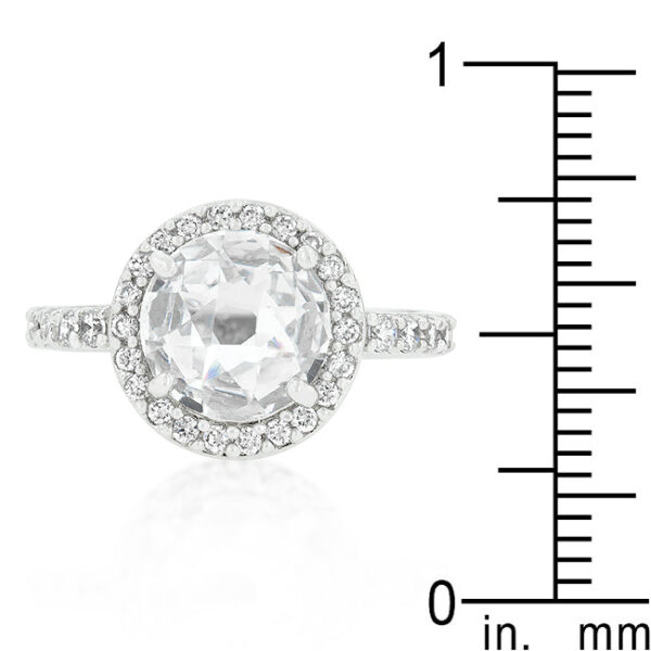 Round genuine cubic zirconia halo ring in prongs with rhodium plated over lead free alloy (brass).
