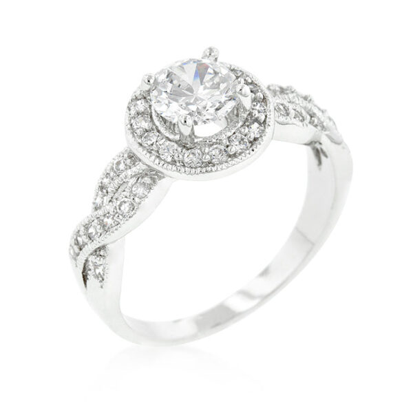 Yellow round-cut cubic zirconia halo engagement ring in a pave setting with rhodium plated over lead free alloy (brass).