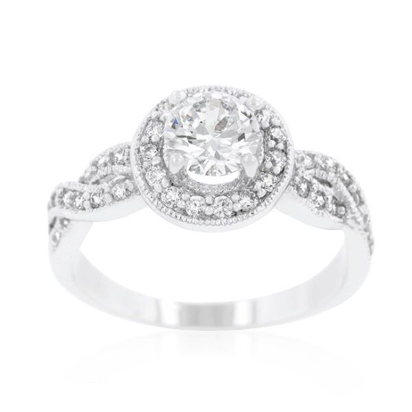 Yellow round-cut cubic zirconia pave halo ring with 1.45 ct total stone weight and rhodium plated over lead free alloy (brass).