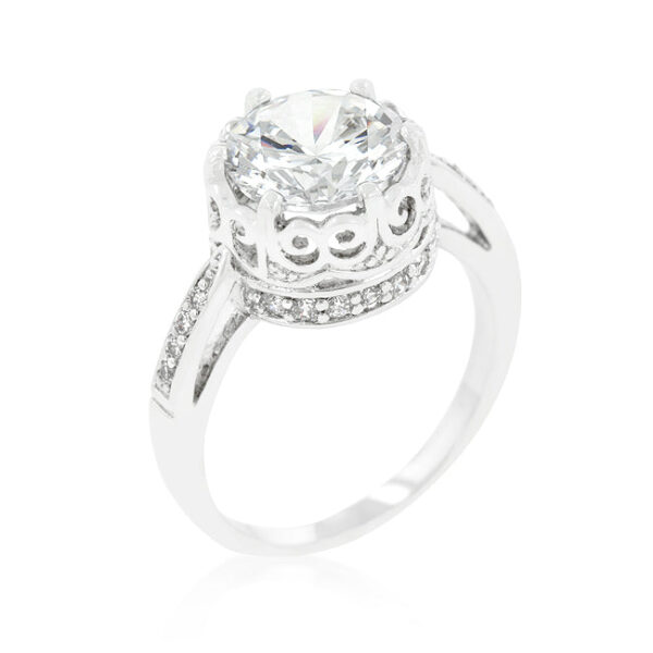 Royal crest filigree ring with champagne round cubic zirconia in prongs and 4.7 ct total stone weight