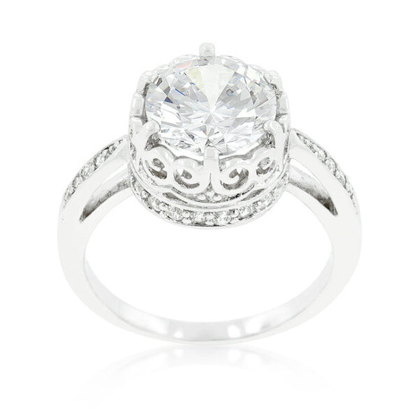 Champagne round cubic zirconia prong-set ring, rhodium plated over lead free alloy (brass)