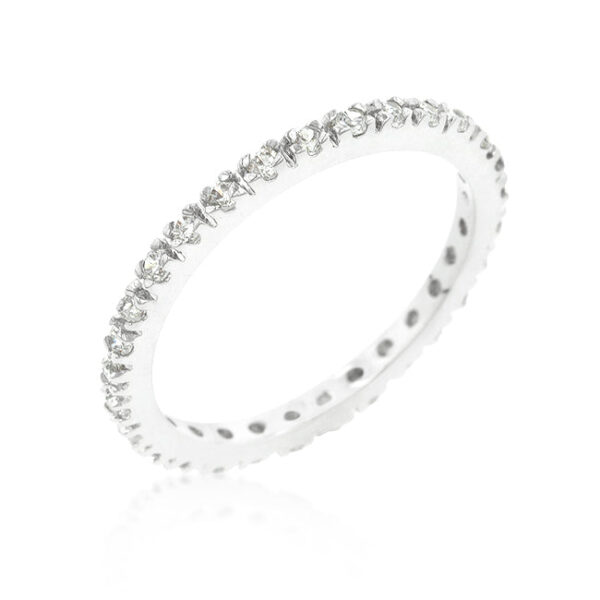 Clear round cubic zirconia pave eternity band in rhodium plated over lead free alloy (brass).