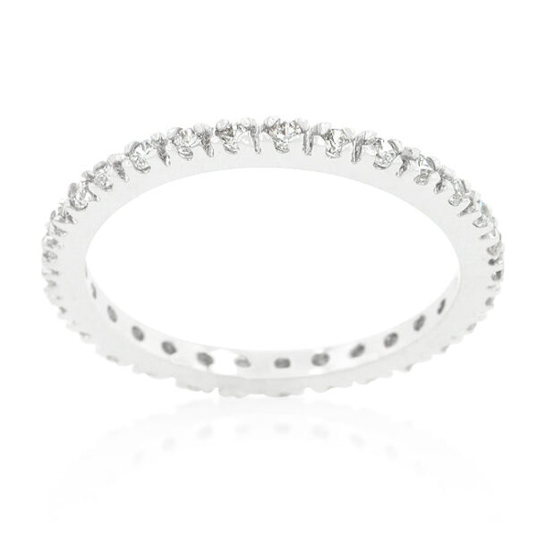 Eternity band with clear round cubic zirconia in pave, rhodium plated over lead free alloy (brass).