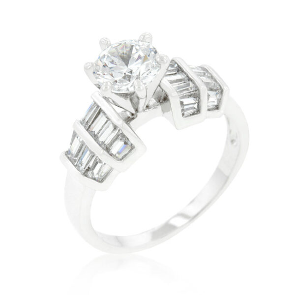 Tapered engagement ring with purple baguette and round cubic zirconia in prong settings, rhodium plated over lead free alloy (brass).