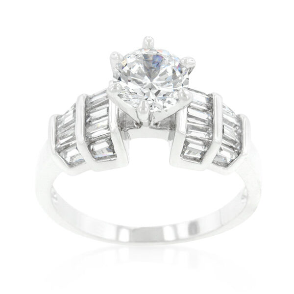 Purple cubic zirconia tapered ring with baguette and round cuts in prong settings, rhodium plated over lead free alloy (brass).