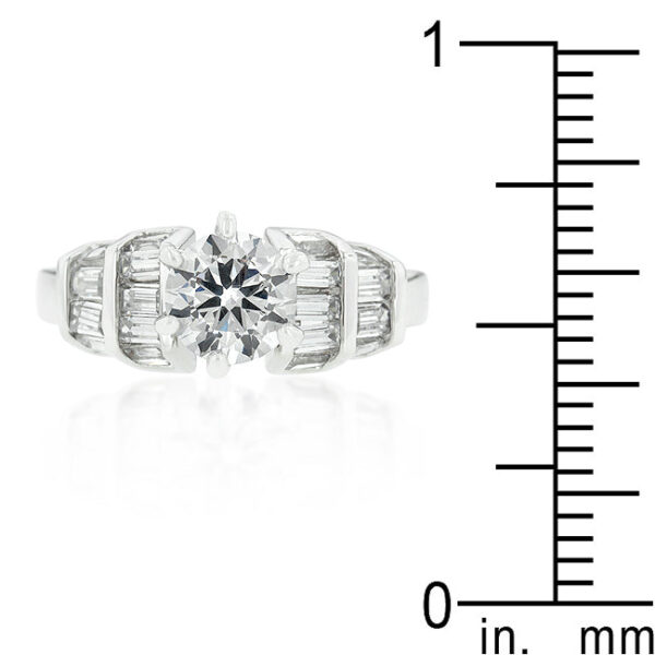 Baguette and round purple cubic zirconia engagement ring in prongs, rhodium plated over lead free alloy (brass).