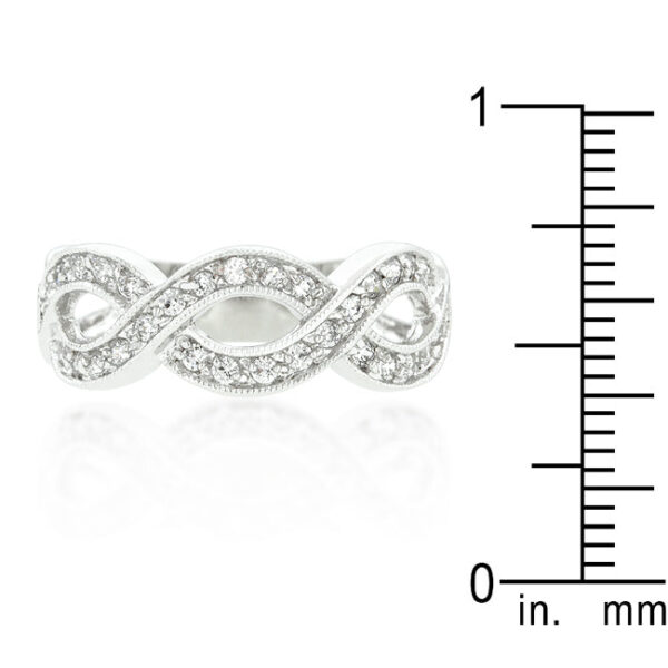 Rhodium plated over lead free alloy (brass) infinity band with 1.1 (mm) round cubic zirconia.