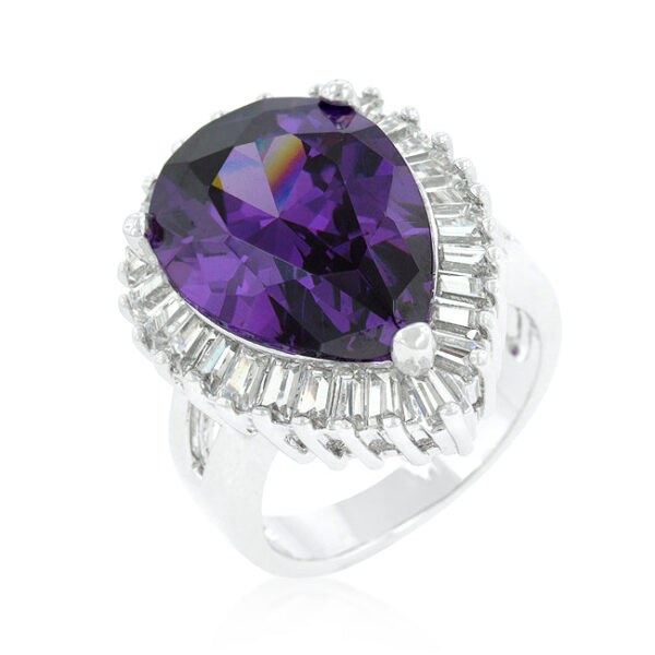 Purple and clear pear-cut cubic zirconia cocktail ring in rhodium plated over lead free alloy (brass).
