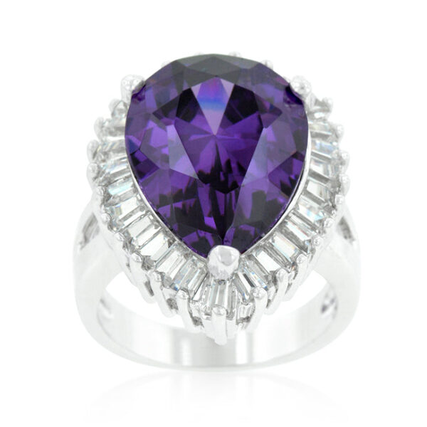 Purple and clear cubic zirconia cocktail ring with pear-cut stones in prong settings.