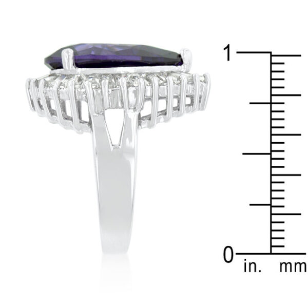 Cocktail ring in rhodium plated over lead free alloy (brass) with purple and clear cubic zirconia.
