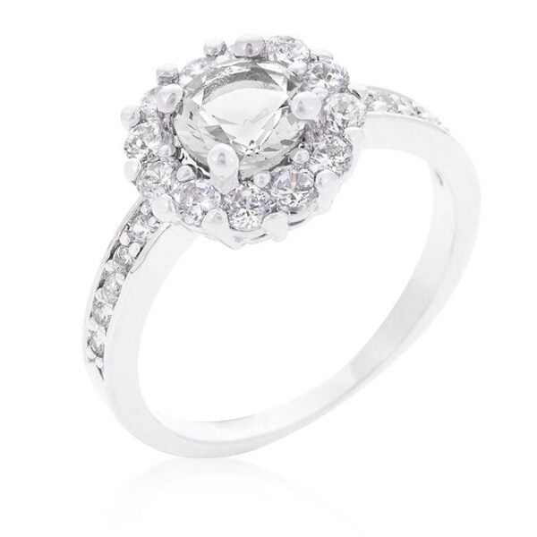 Clear round cubic zirconia ring in prongs, rhodium plated over lead free alloy (brass).