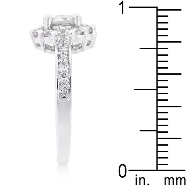 Clear round cubic zirconia set in prongs on a rhodium plated over lead free alloy (brass) ring.