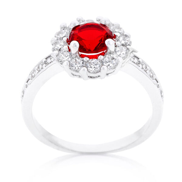 Round ruby-colored cubic zirconia halo ring in prong settings with 2.1 ct total stone weight.