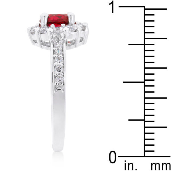 Halo ring with ruby-colored cubic zirconia, a 6 Mm stone size, and a 2 Mm wide band.