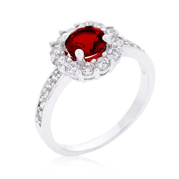 Halo engagement ring with round garnet-colored cubic zirconia in prongs, rhodium plated over lead free alloy (brass).