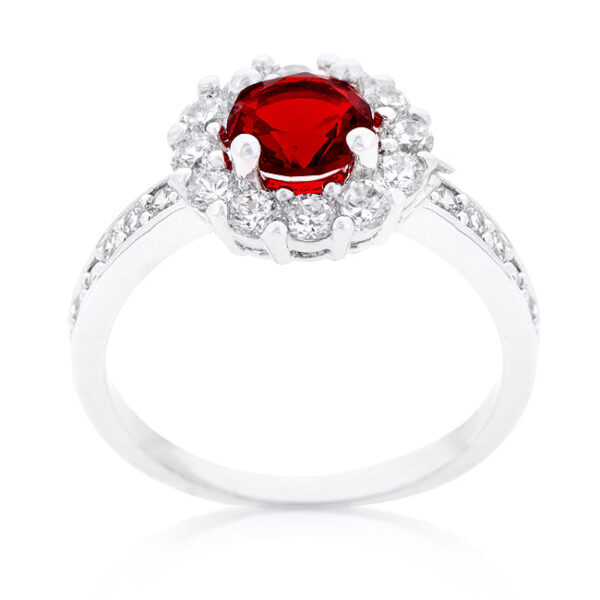 Round garnet-colored cubic zirconia halo engagement ring in prongs, rhodium plated over lead free alloy (brass).