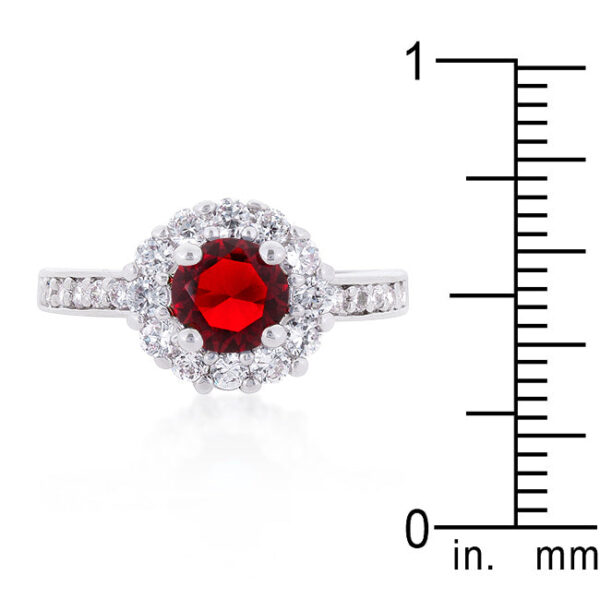 Garnet-colored cubic zirconia halo ring with 2.1 ct total stone weight, rhodium plated over lead free alloy (brass).