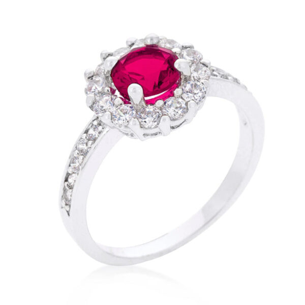 Pink round cubic zirconia engagement ring in prongs, rhodium plated over lead free alloy (brass).