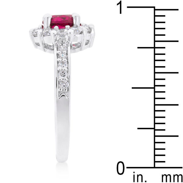 Rhodium plated over lead free alloy (brass) ring with pink round cubic zirconia and a 2 Mm width.