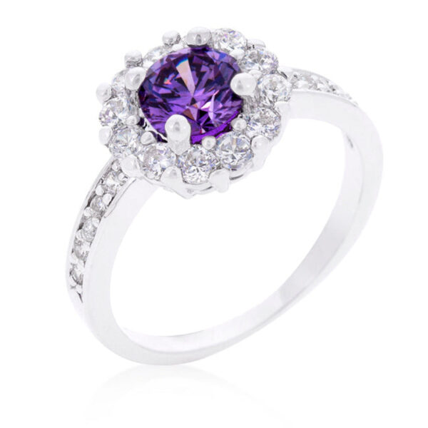 Clear round cubic zirconia halo engagement ring in rhodium plated over lead free alloy (brass)