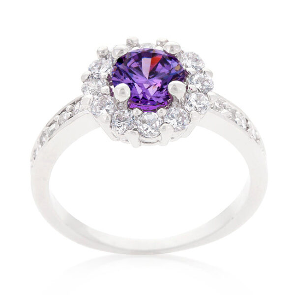 Round clear cubic zirconia in prongs on a rhodium plated over lead free alloy (brass) ring