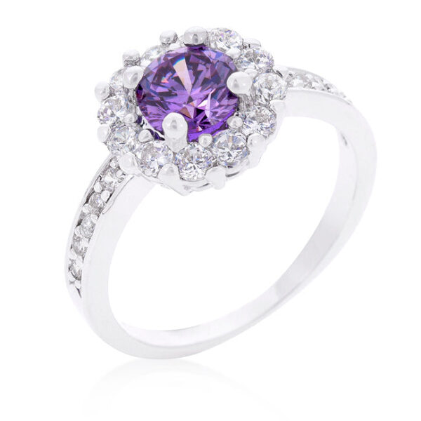 The ring with round cubic zirconia in prongs, rhodium plated over lead free alloy (brass).