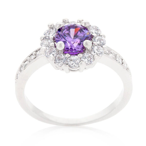 Lavender halo ring with round cubic zirconia, 2.1 ct total stone weight, and a 2 Mm band.
