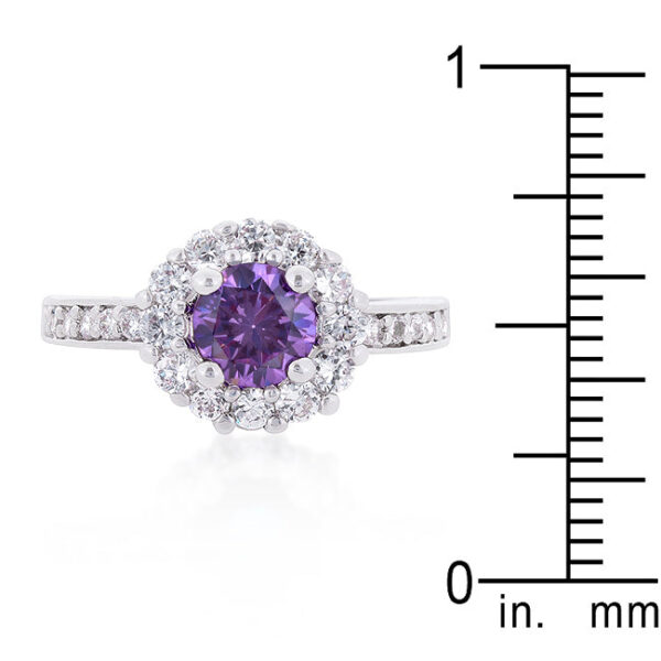 Round lavender cubic zirconia halo ring in prong settings, rhodium plated over lead free alloy (brass).