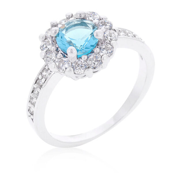 Blue round cubic zirconia engagement ring in prongs, rhodium plated over lead free alloy (brass).
