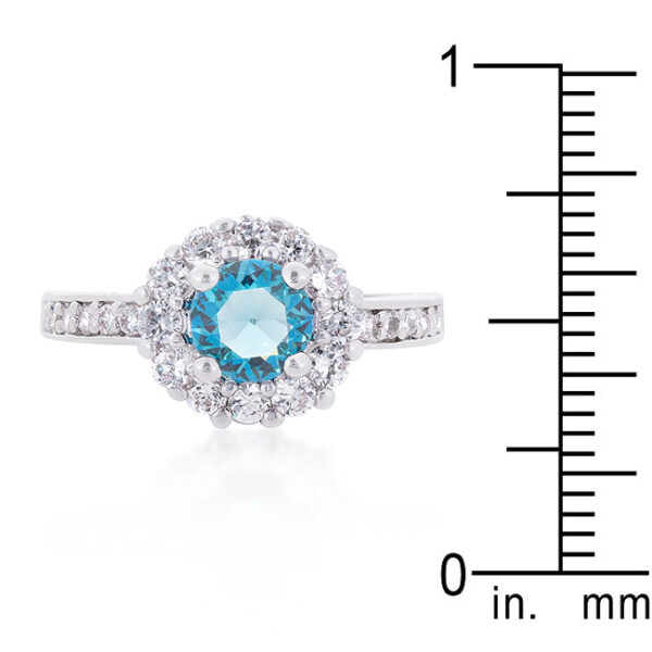 Blue cubic zirconia engagement ring in prongs, rhodium plated over lead free alloy (brass).