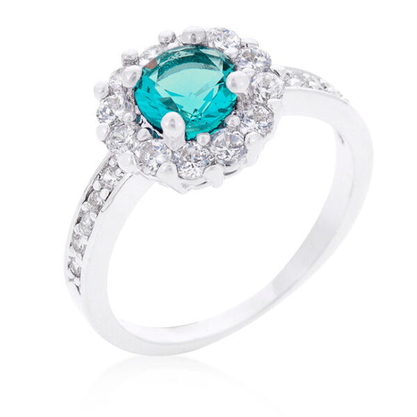 Blue round cubic zirconia engagement ring in rhodium plated over lead free alloy (brass), with prong settings and 0.88 ct total stone weight.