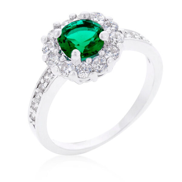 Green round cubic zirconia engagement ring in prongs, rhodium plated over lead free alloy (brass).