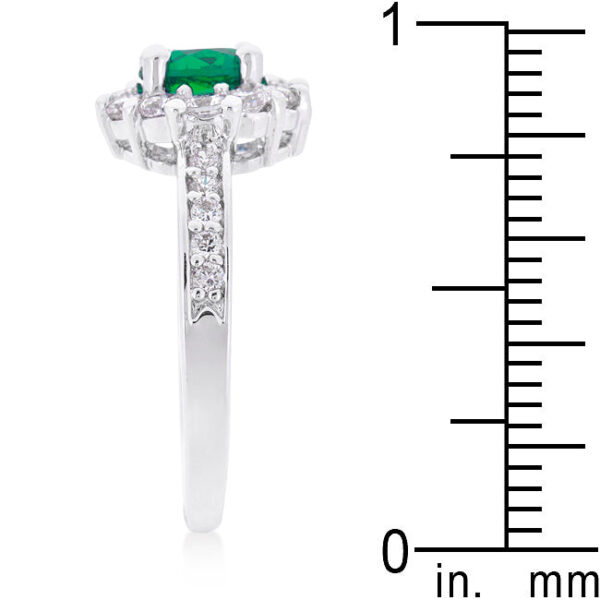 Round green cubic zirconia prong ring, rhodium plated over lead free alloy (brass), with a 2 Mm width.